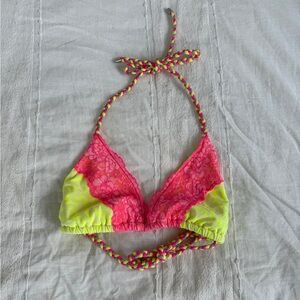 Beach Bunny Lady Lace Neon Pink and Yellow/Green Lace Bikini Top